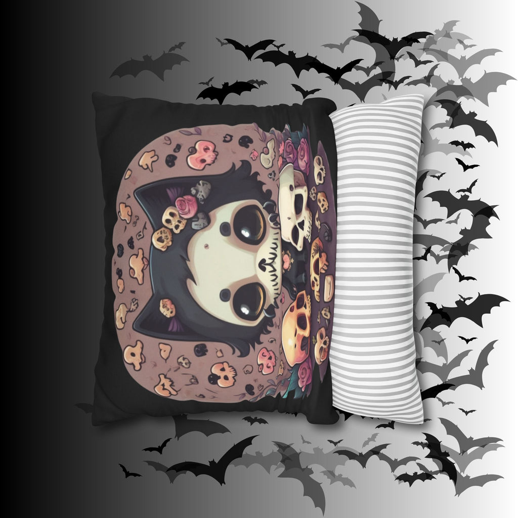 Gothic Skull Face Cat Throw Pillow — Creepy Cute Pastel Goth Home Decor