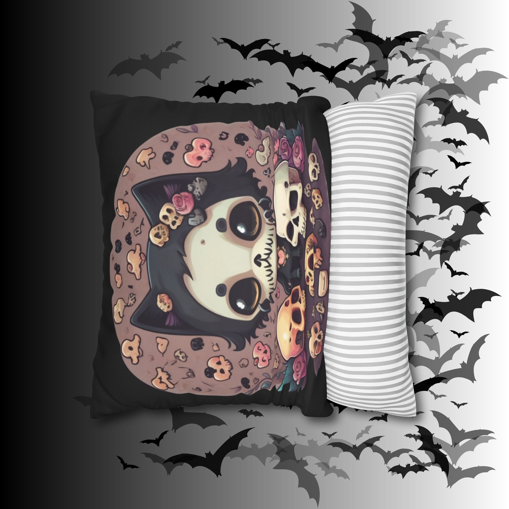 Gothic Skull Face Cat Throw Pillow — Creepy Cute Pastel Goth Home Decor