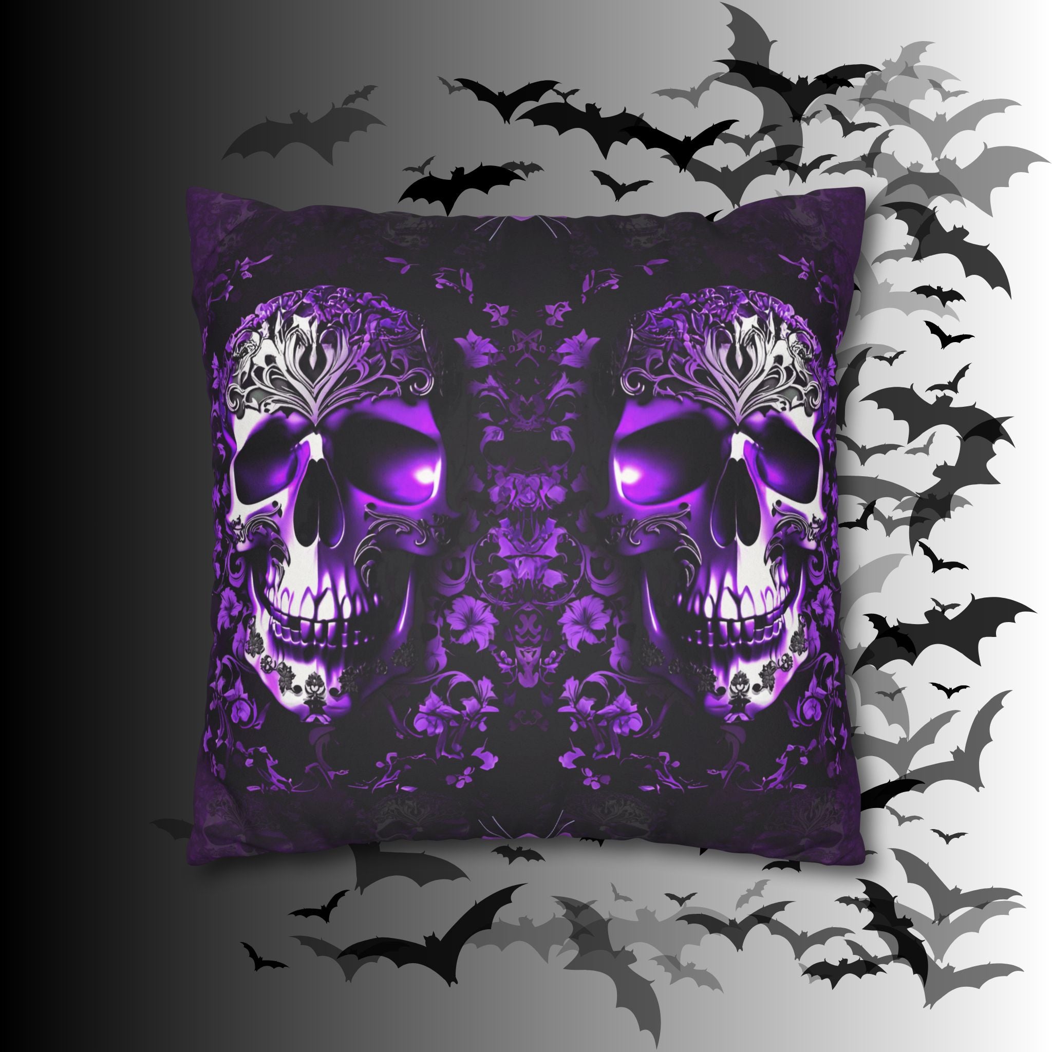 Purple Gothic Skull Throw Pillow — Damask Dark Home Decor