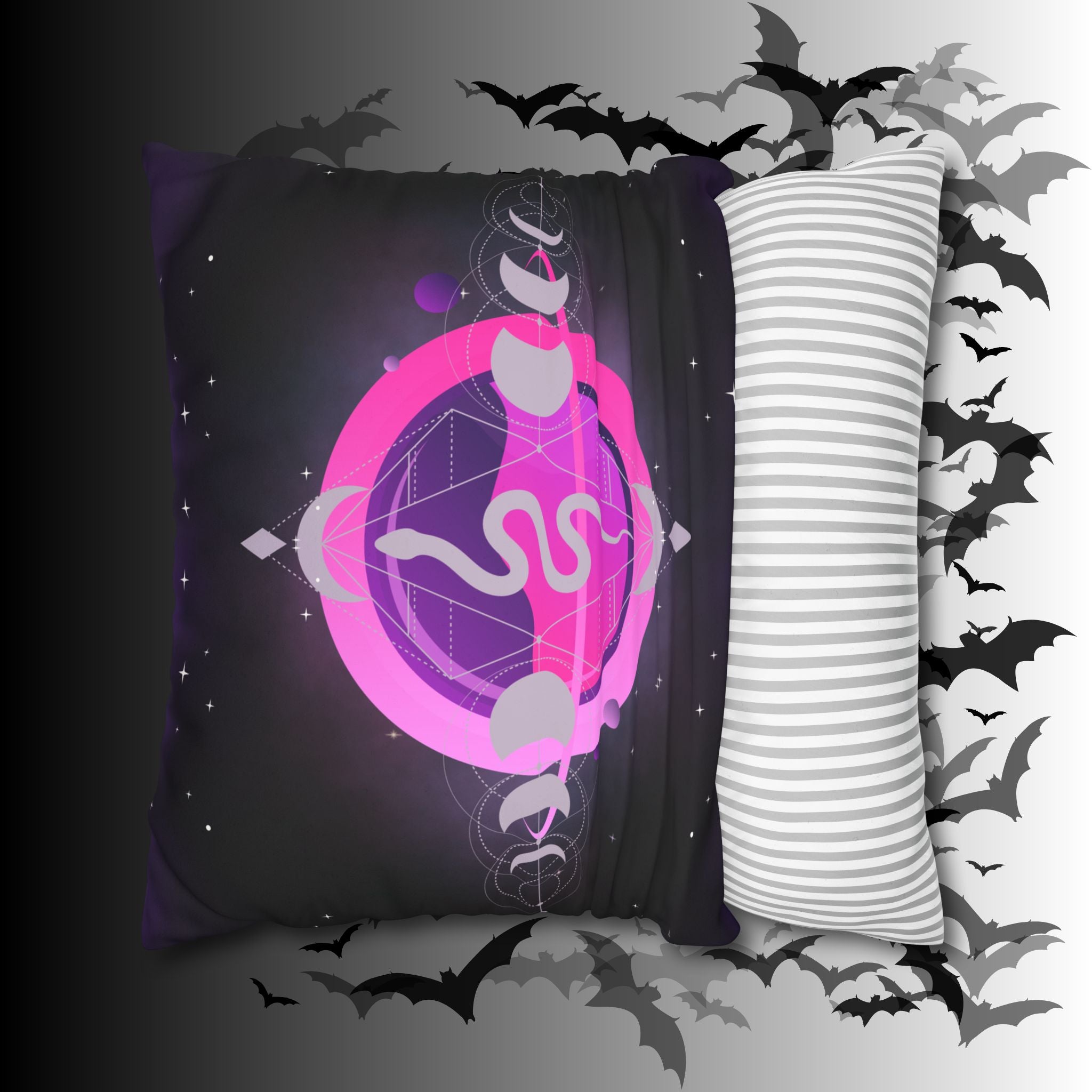 Pastel Goth Celestial Snake Moon Phases Throw Pillow — Witchy Dark Home Decor