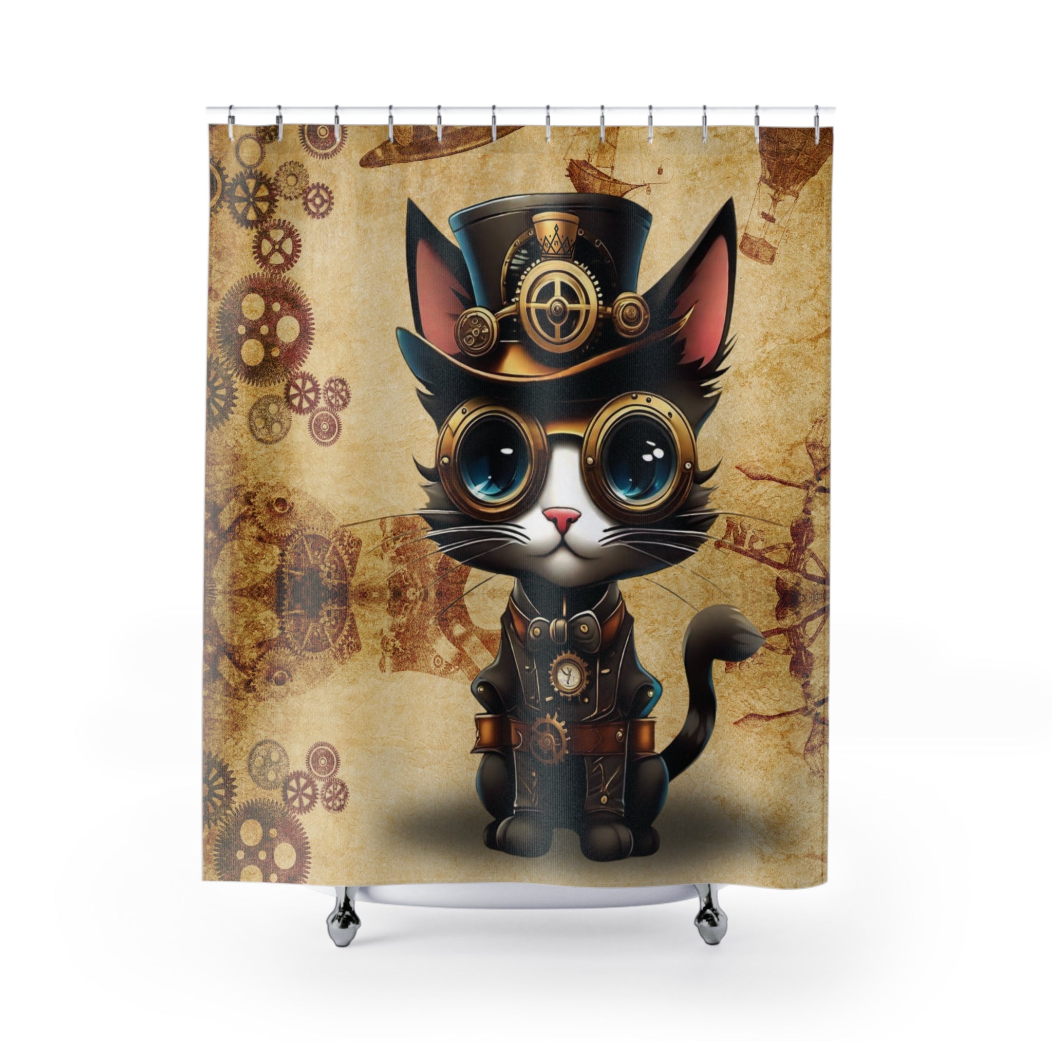 Steampunk Cat Shower Curtain — Vintage Industrial Bathroom Decor