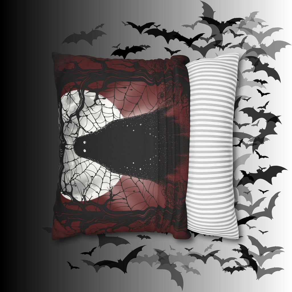 Gothic Ghost Cobweb Moon Throw Pillow — Spooky Halloween Dark Home Decor
