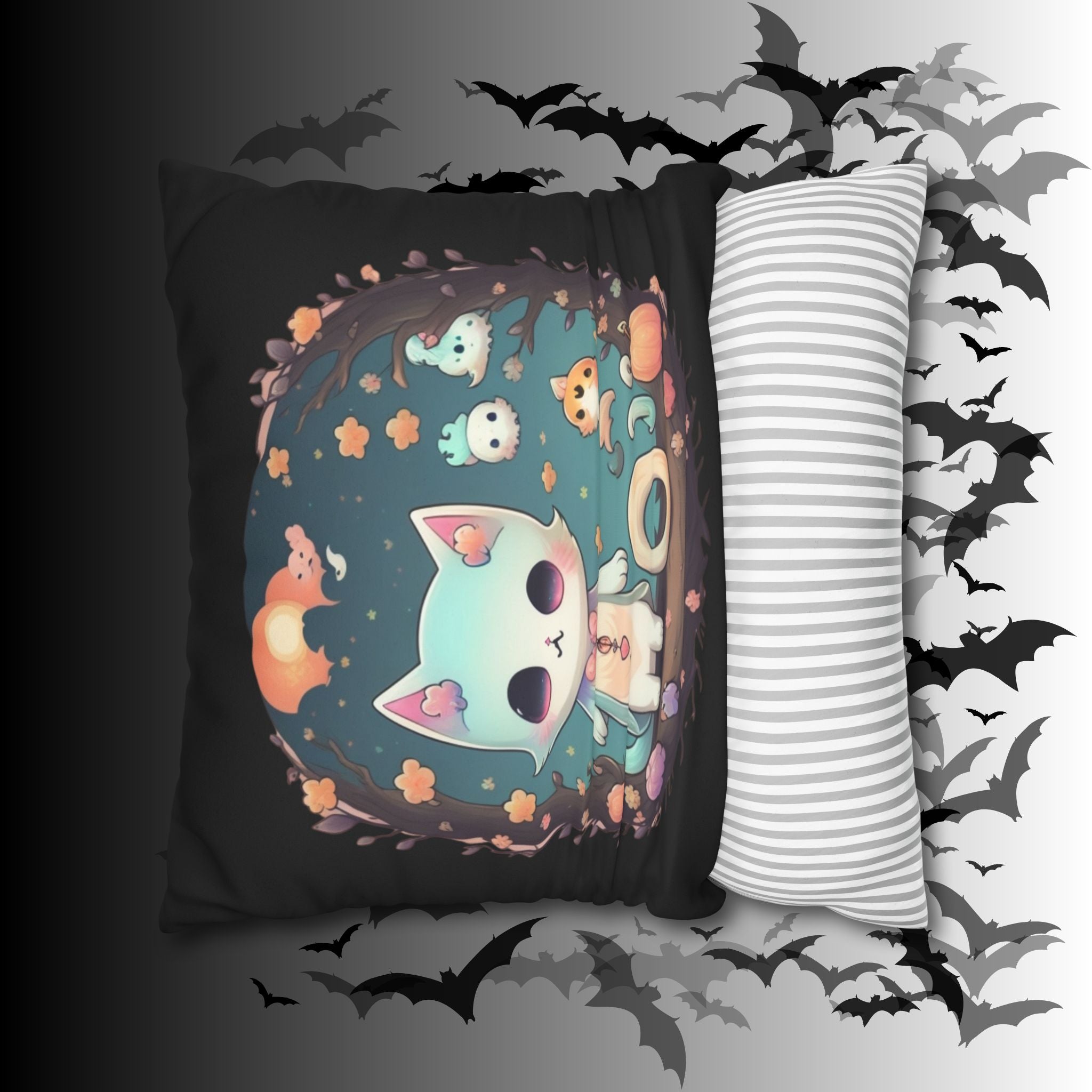 Creepy Cute Pastel Goth Cat Throw Pillow — Kawaii Halloween Dark Home Decor