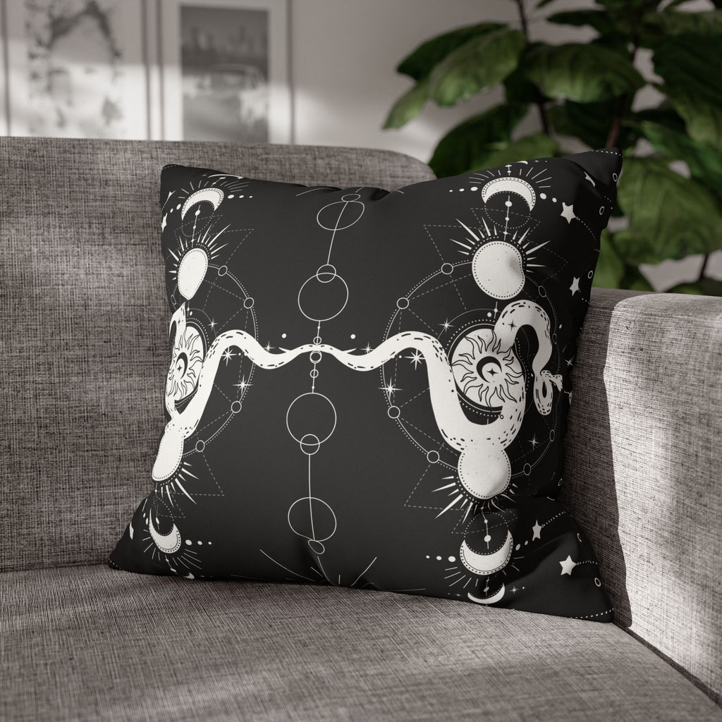 Celestial Snake Moon Phases Throw Pillow — Witchy Gothic Dark Home Decor