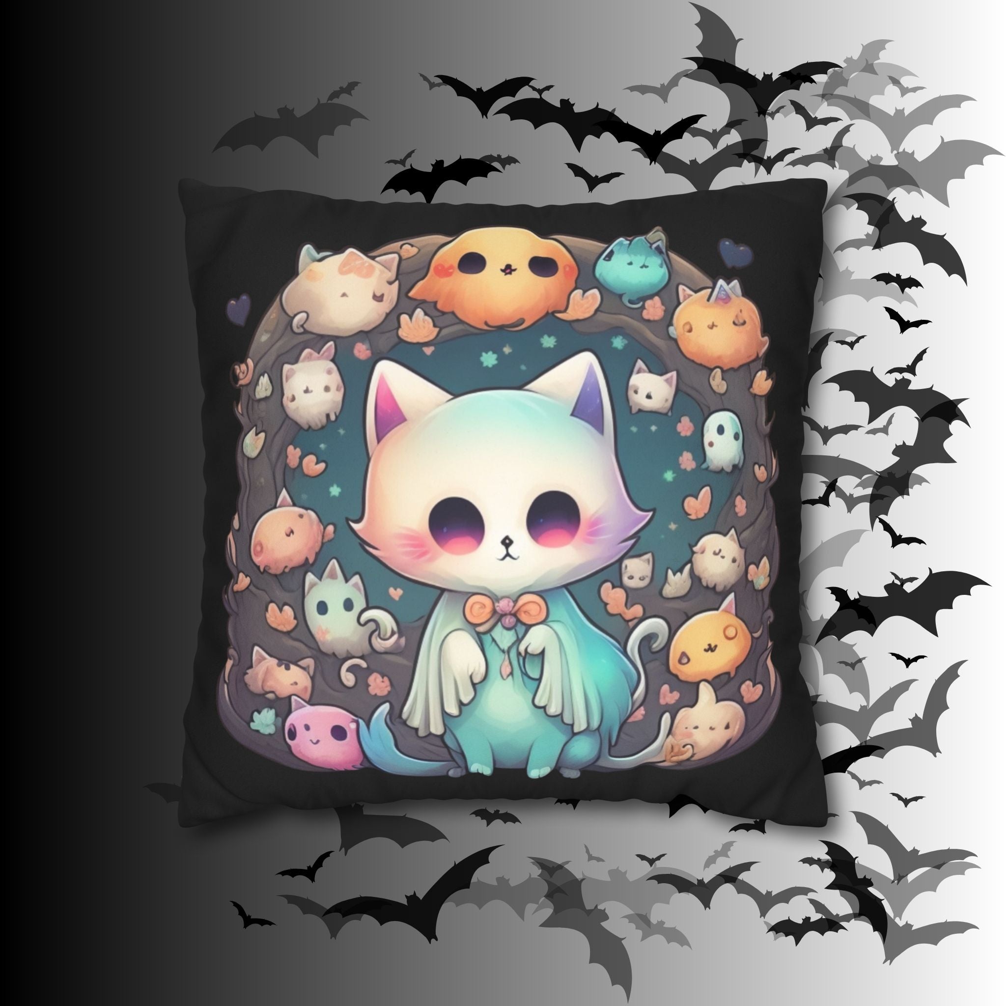 Creepy Cute Kawaii Ghost Cat Throw Pillow — Pastel Goth Dark Home Decor