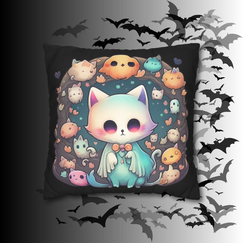 Creepy Cute Kawaii Ghost Cat Throw Pillow — Pastel Goth Dark Home Decor
