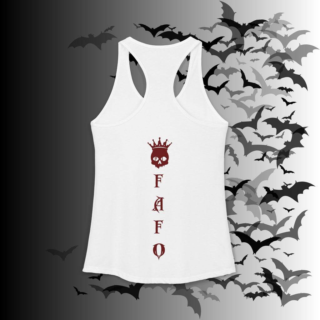 "FAFO" I Identify As A Threat Racerback Tank Top — Gothic Humor Front & Back