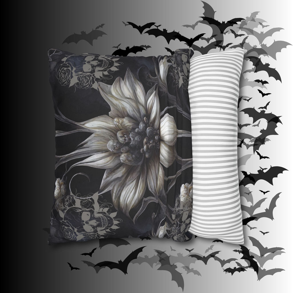 Gothic Skull Botanical Sunflower Throw Pillow — Dark Floral Home Decor