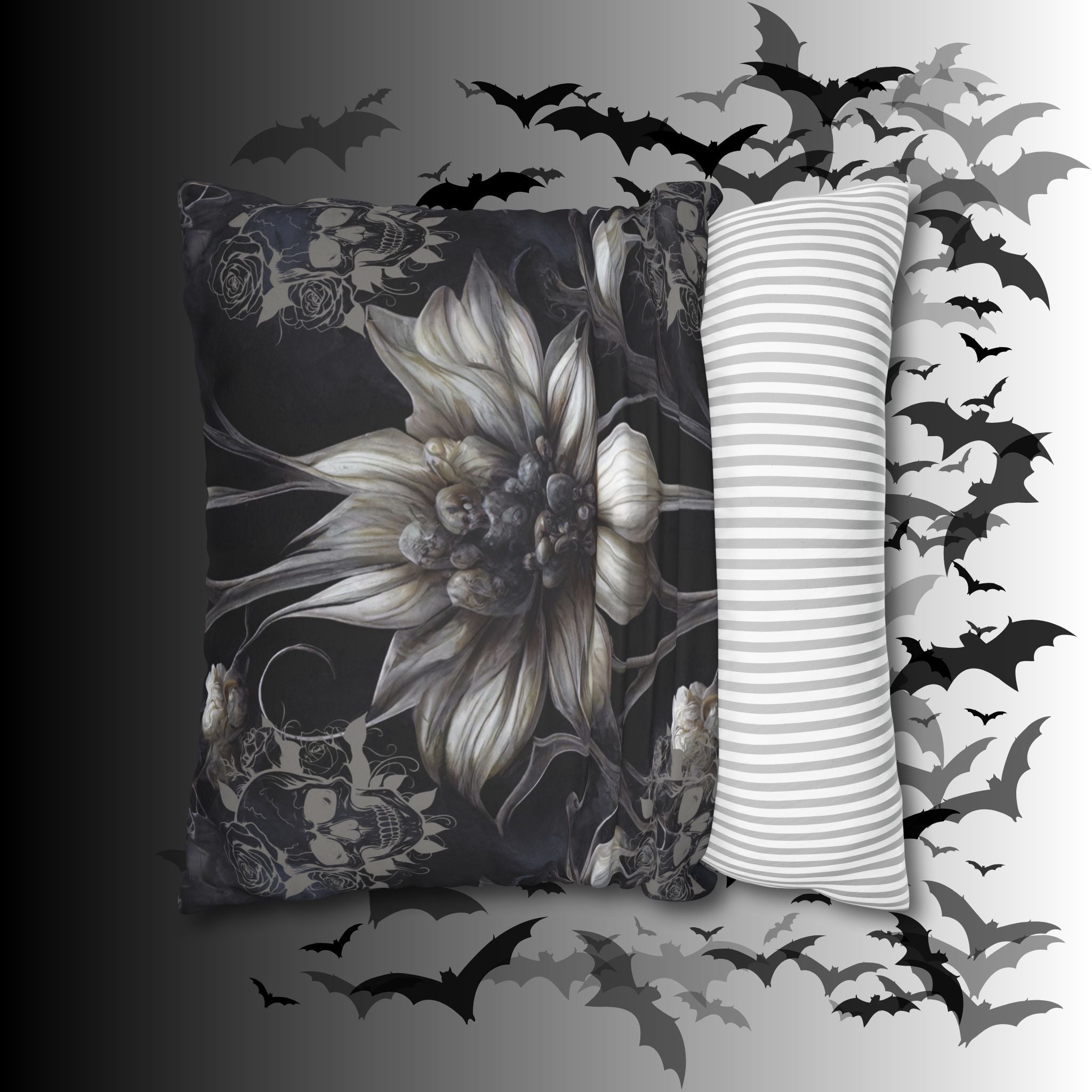 Gothic Skull Botanical Sunflower Throw Pillow — Dark Floral Home Decor