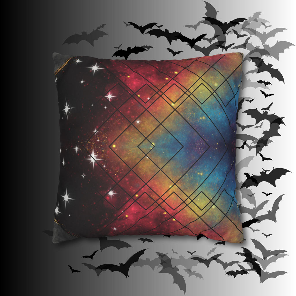 Rainbow Galaxy Geometric Throw Pillow — Celestial Cosmic Dark Home Decor