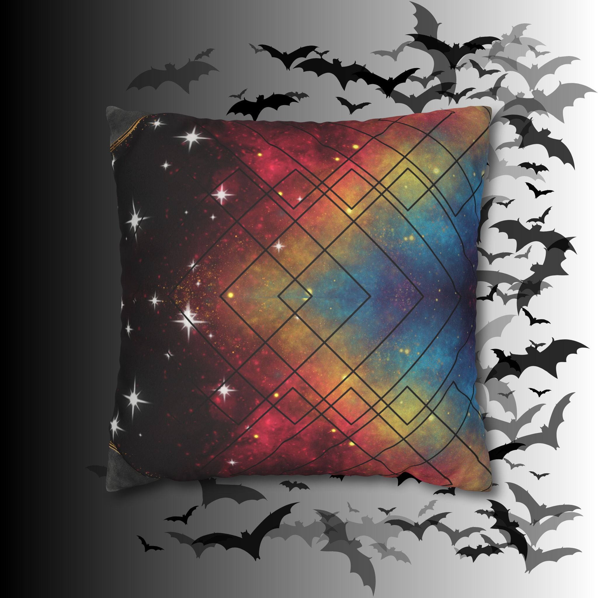 Rainbow Galaxy Geometric Throw Pillow — Celestial Cosmic Dark Home Decor