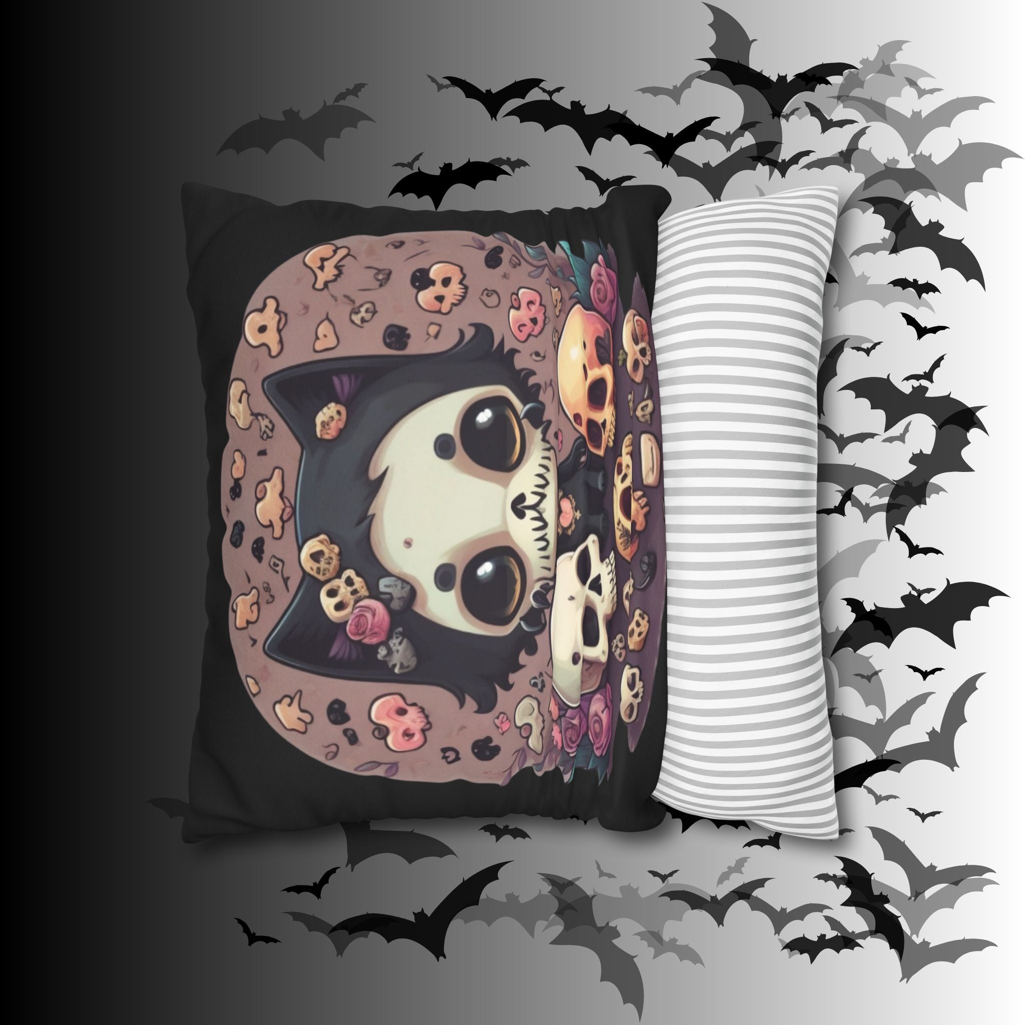 Gothic Skull Face Cat Throw Pillow — Creepy Cute Pastel Goth Home Decor