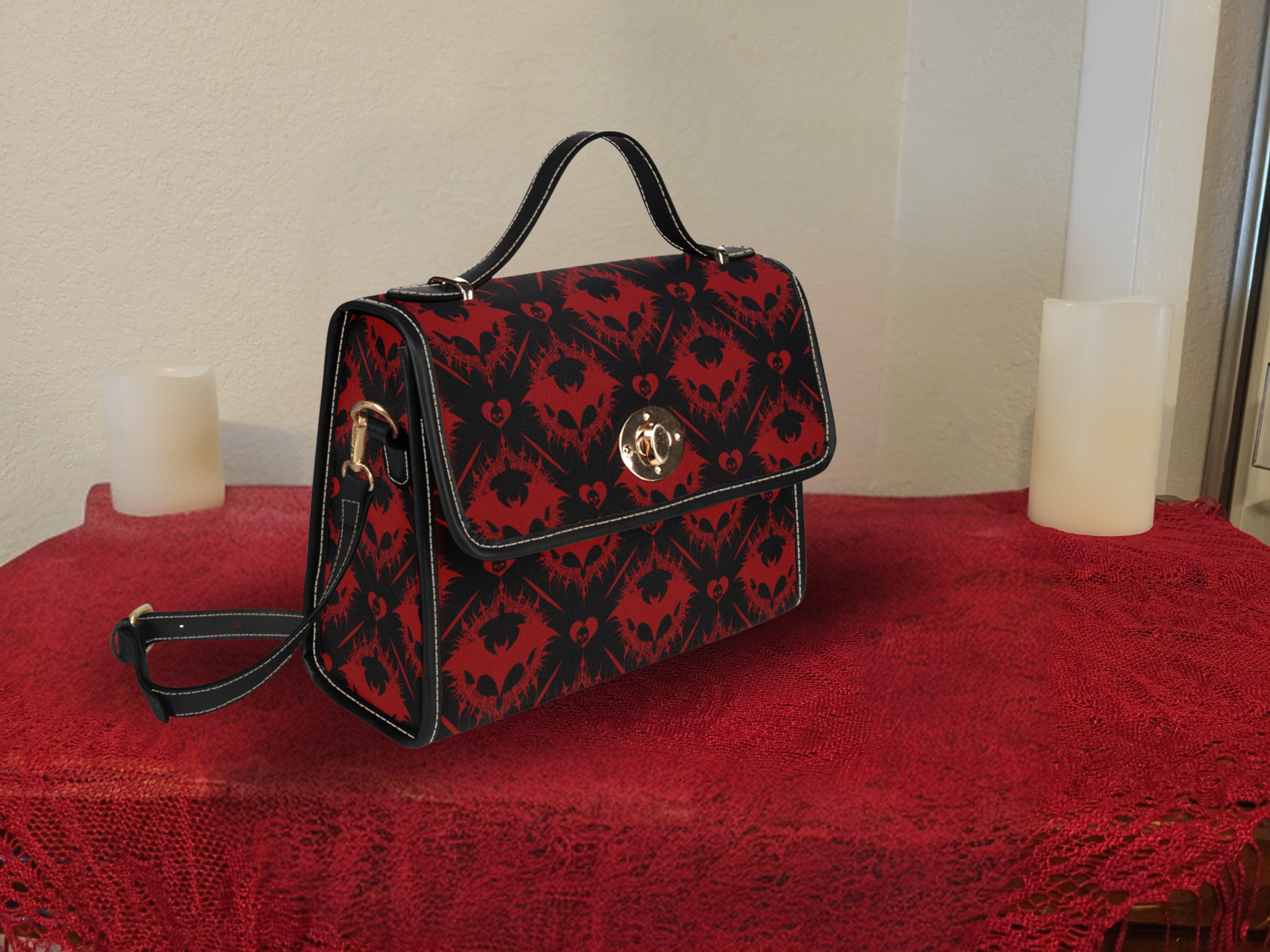 Gothic Bat Pattern Handbag | Red & Black Damask Waterproof Canvas Crossbody Purse