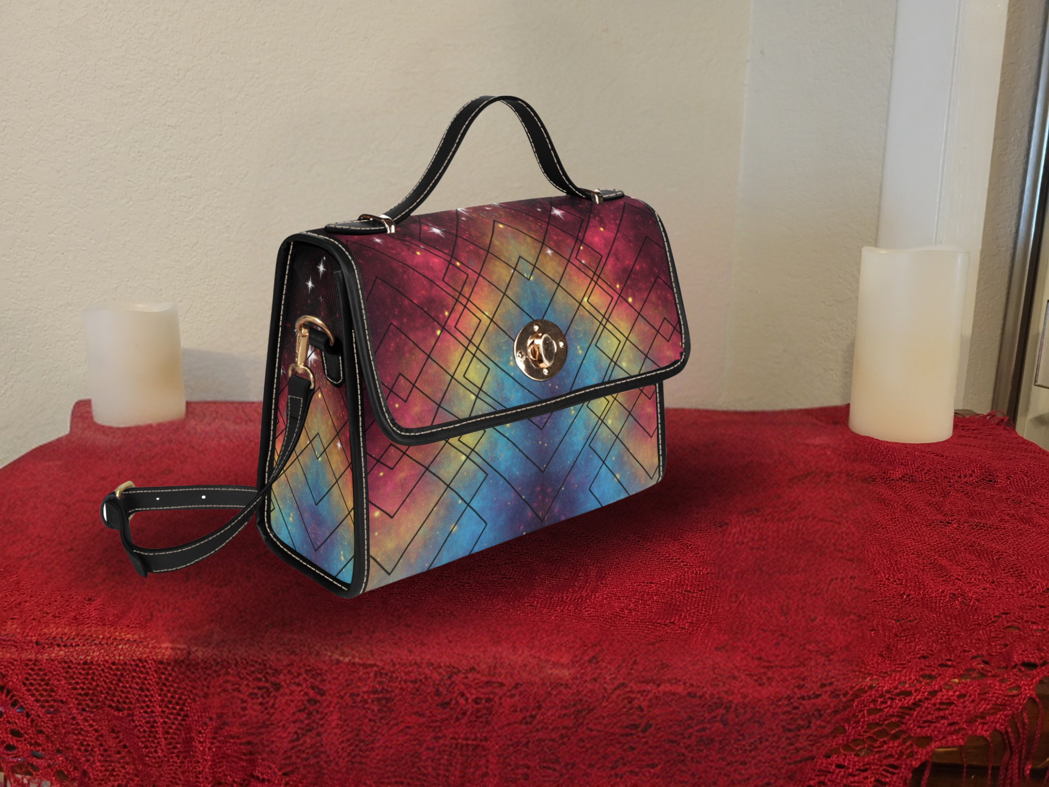 Rainbow Galaxy Geometric Handbag | Cosmic Nebula Waterproof Canvas Crossbody Purse