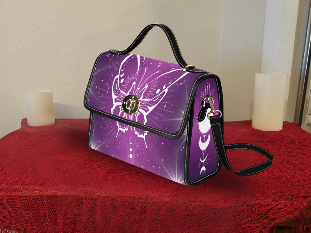 Celestial Luna Moth Handbag | Purple Witchy Waterproof Canvas Crossbody Purse