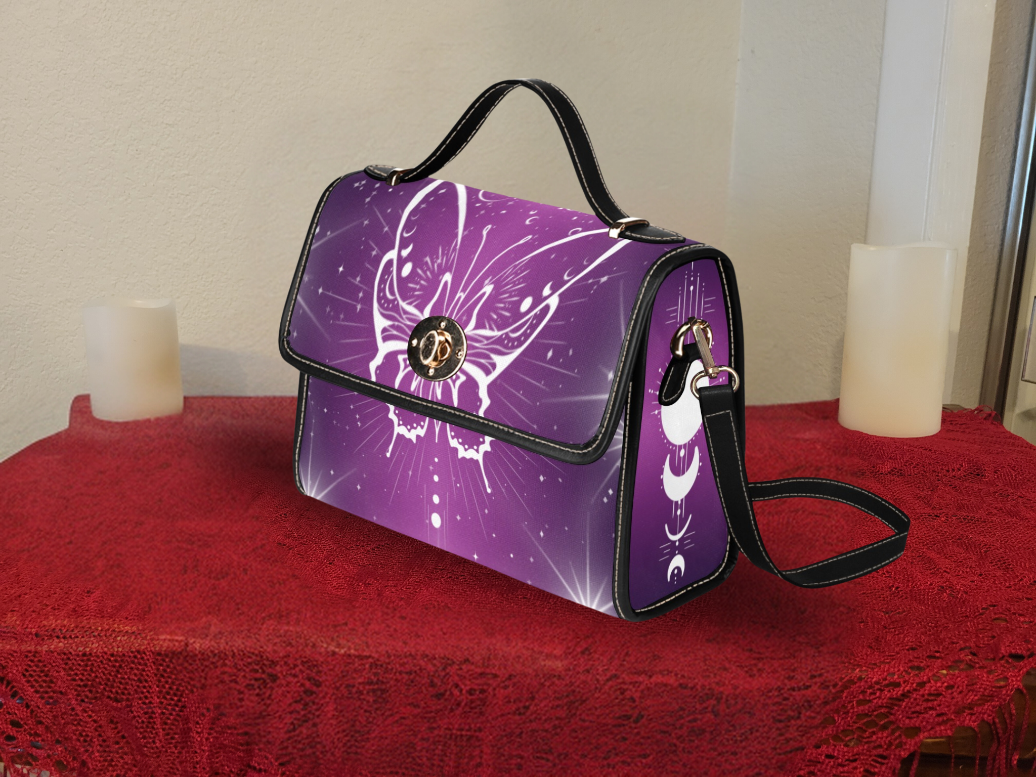Celestial Luna Moth Handbag | Purple Witchy Waterproof Canvas Crossbody Purse