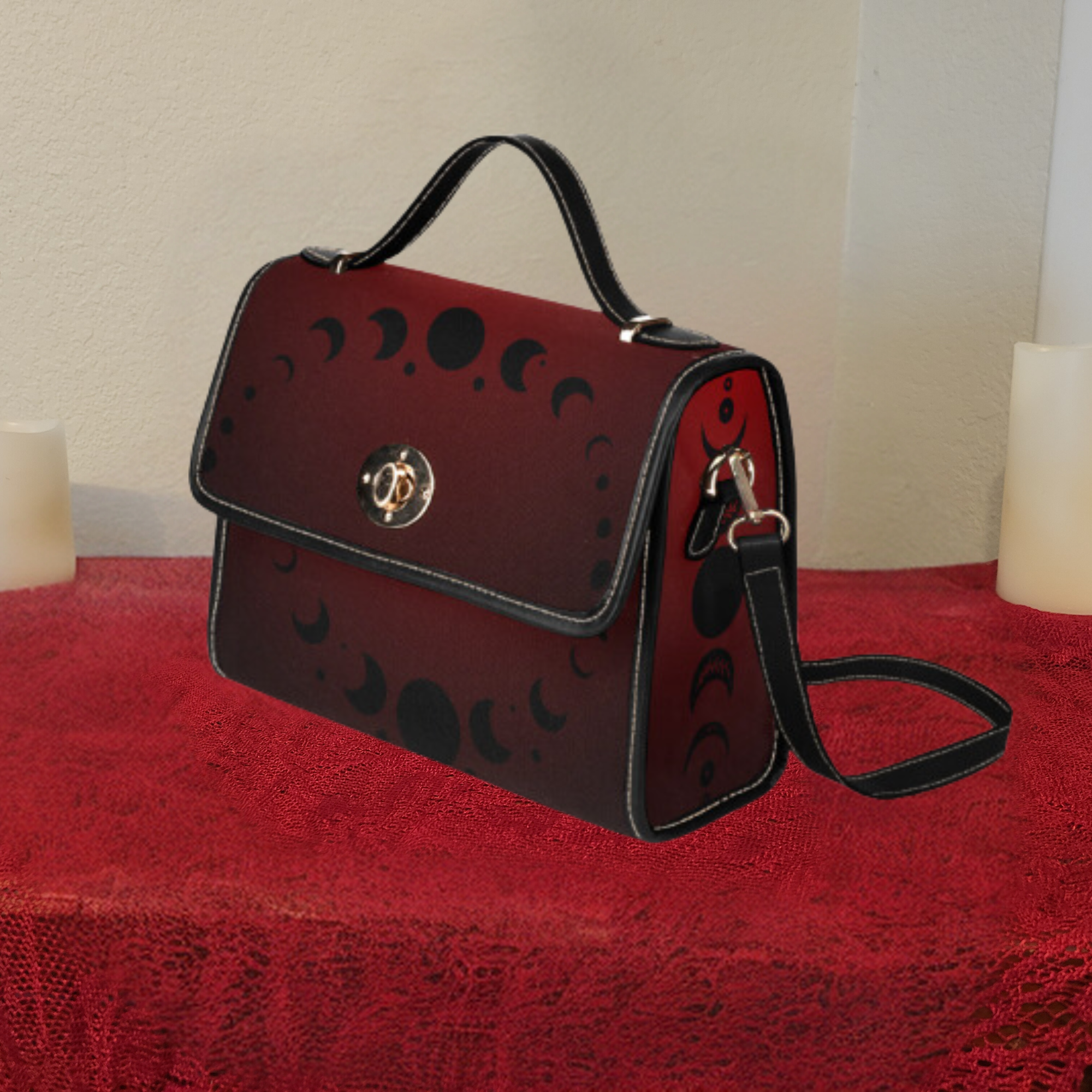 Gothic Moon Phase Handbag | Crimson Dark Academia Waterproof Canvas Crossbody Purse