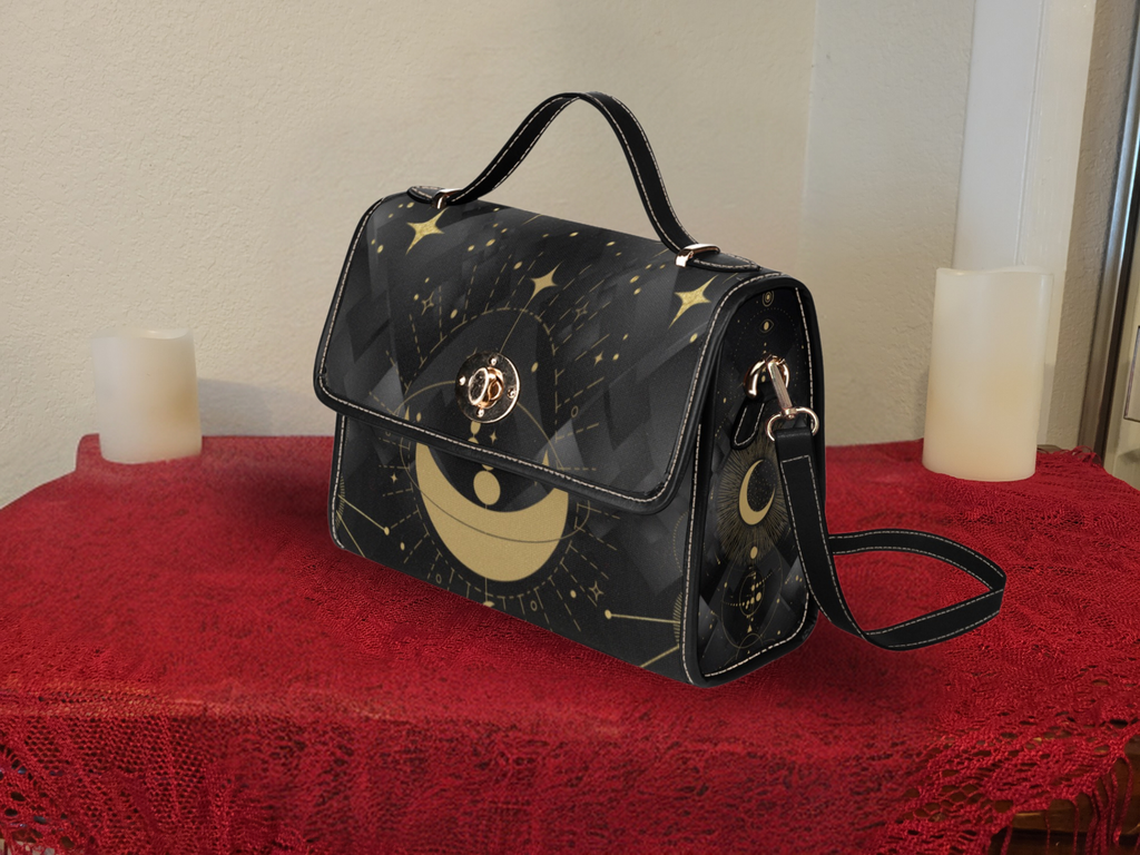 Gold Celestial Moon Handbag | Witchy Constellation Waterproof Canvas Crossbody Purse