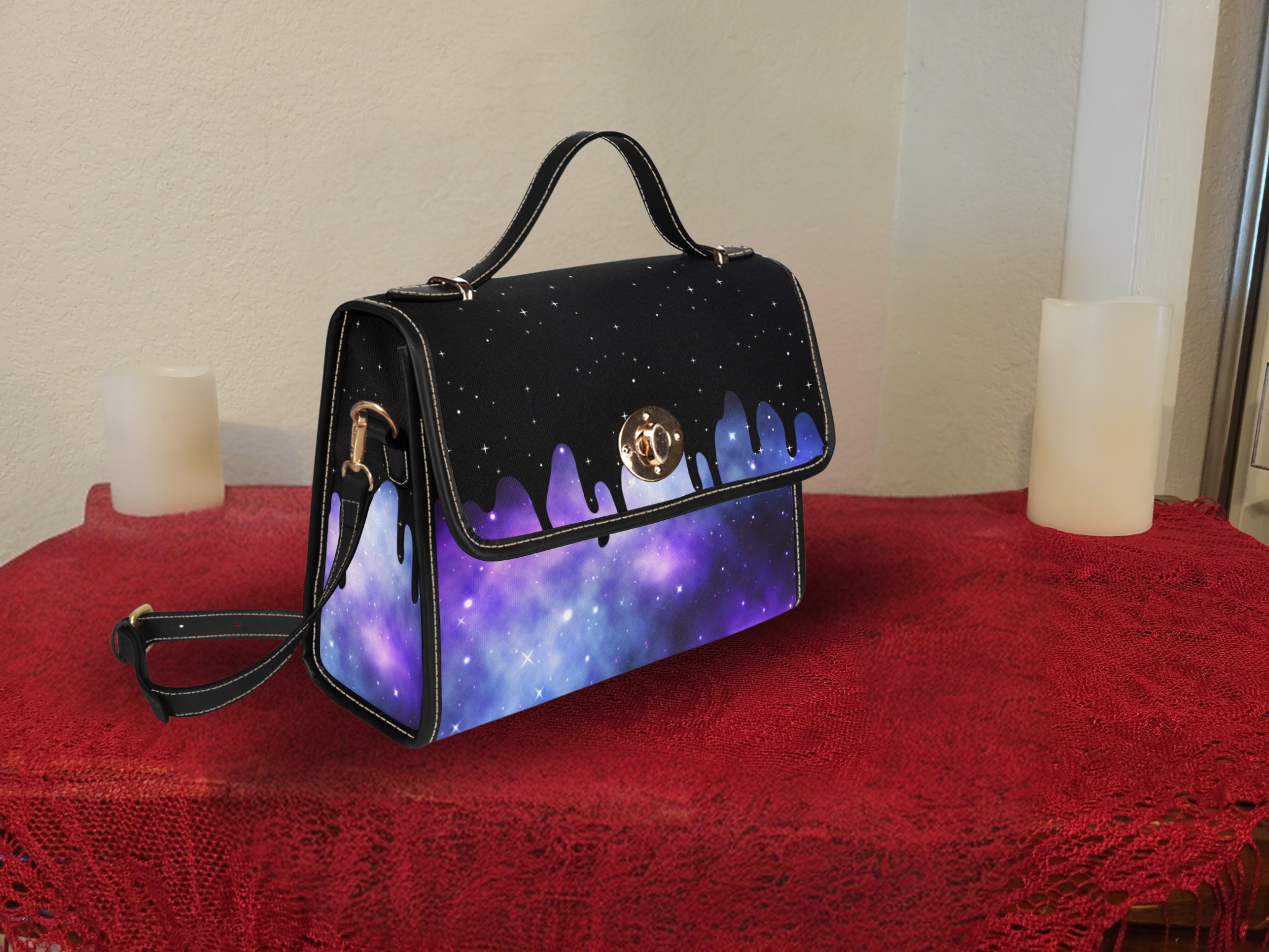 Pastel Goth Galaxy Drip Handbag | Purple Nebula Waterproof Canvas Crossbody Purse