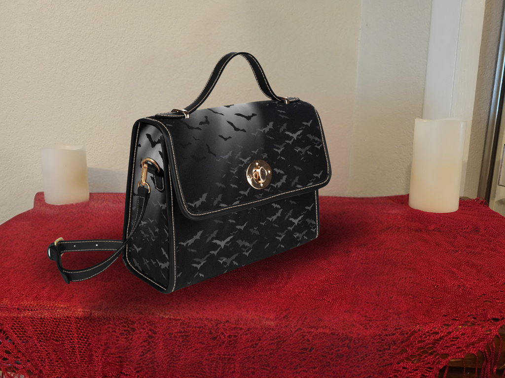 Gothic Bat Print Handbag — Tonal Black Crossbody Purse