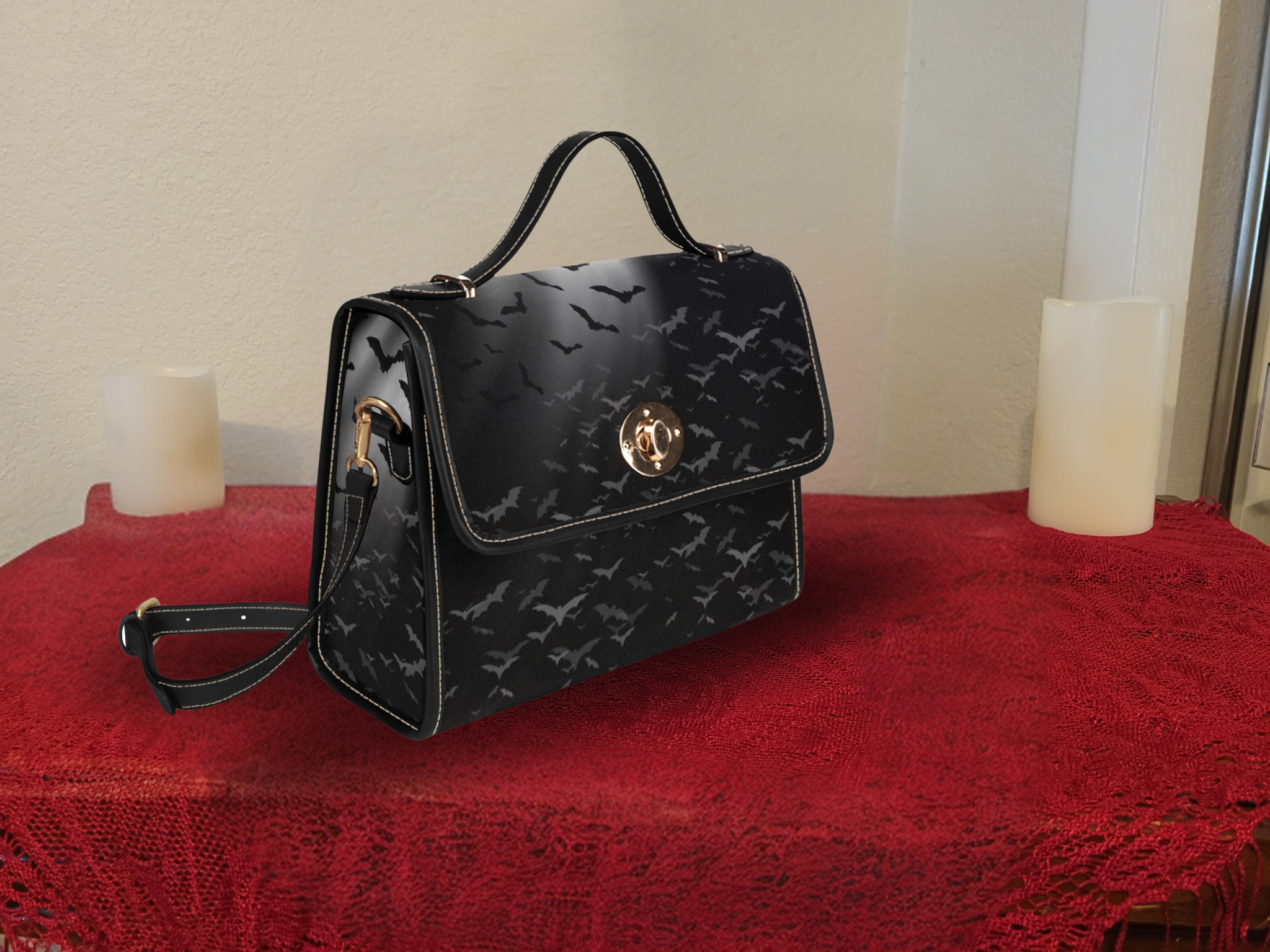 Gothic Bat Print Handbag — Tonal Black Crossbody Purse
