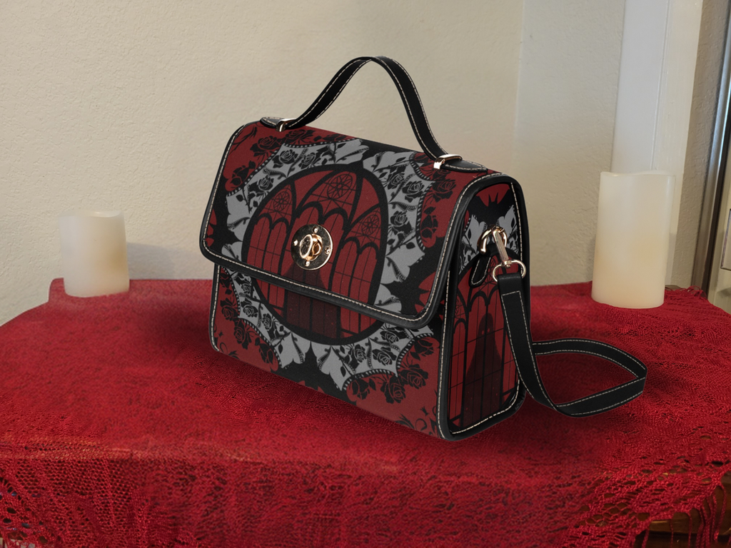 Gothic Cathedral Rose Handbag | Elegant Bat Lace Waterproof Canvas Crossbody Purse