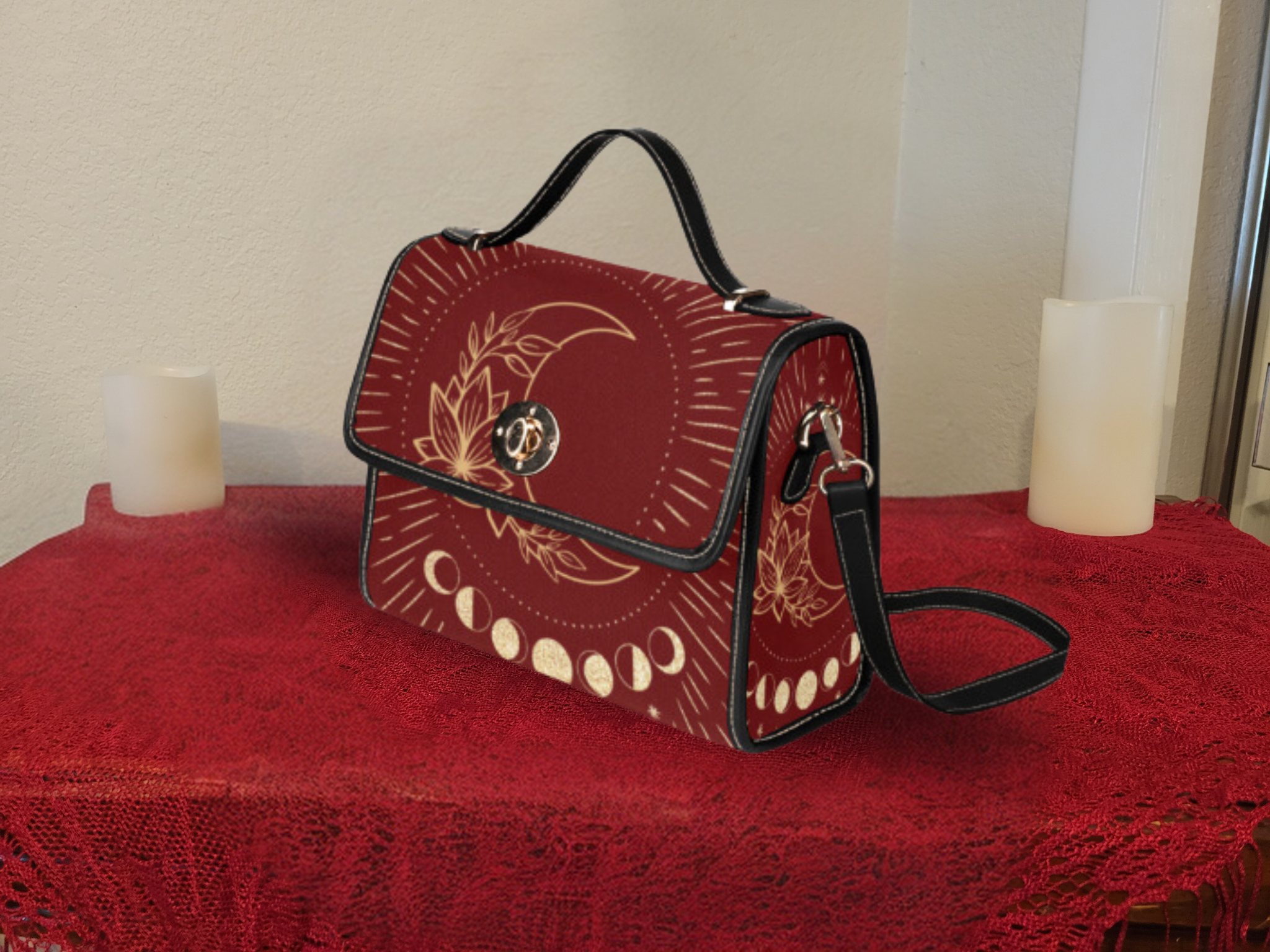 Crimson Moon Phase Lotus Handbag | Witchy Celestial Waterproof Canvas Crossbody Purse