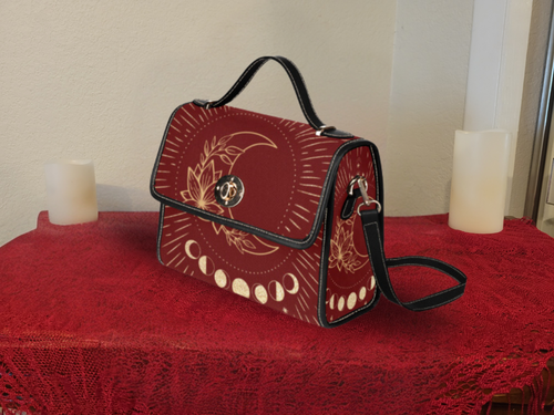 Crimson Moon Phase Lotus Handbag | Witchy Celestial Waterproof Canvas Crossbody Purse