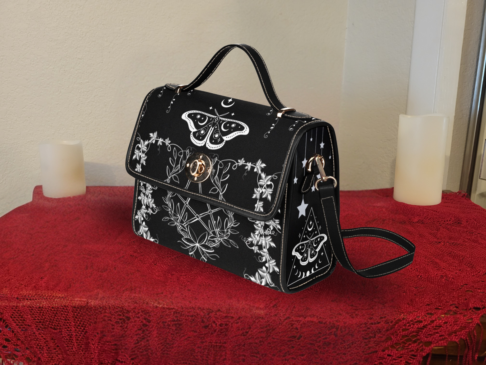 Gothic Luna Moth Pentacle Handbag | Wiccan Botanical Waterproof Canvas Crossbody Purse