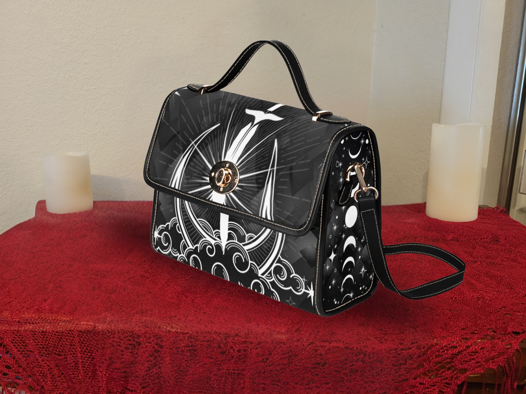 Gothic Celestial Sword Moon Handbag | Witchy Waterproof Canvas Crossbody Purse