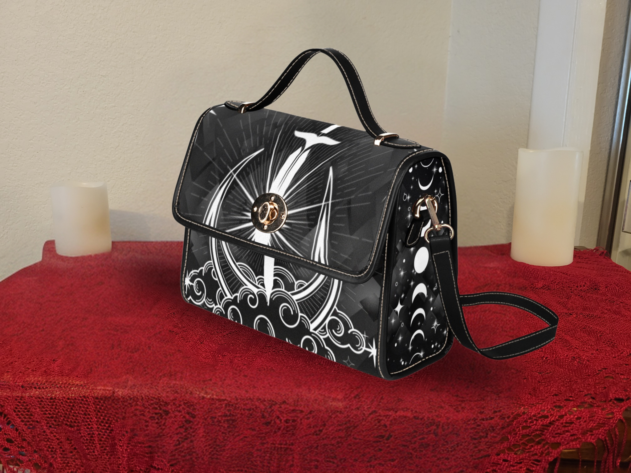 Gothic Celestial Sword Moon Handbag | Witchy Waterproof Canvas Crossbody Purse