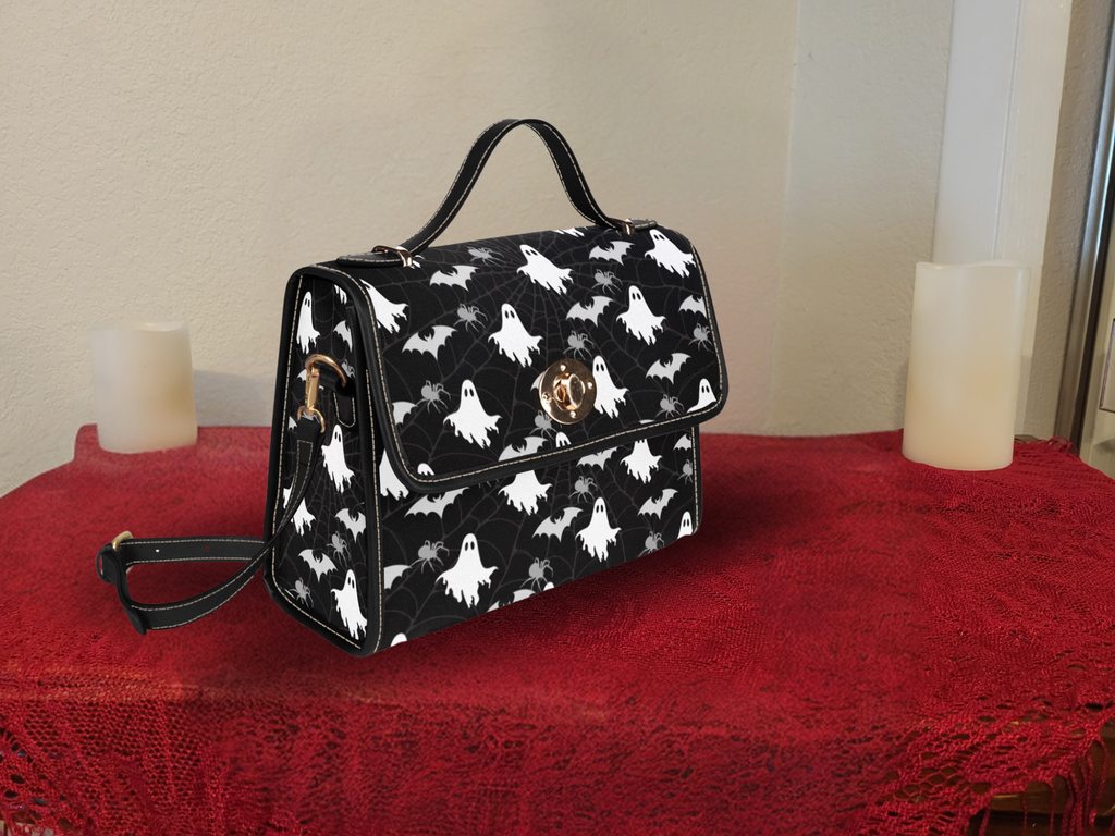 Gothic Ghost & Bat Print Handbag | Spooky Spider Web Waterproof Canvas Crossbody Purse