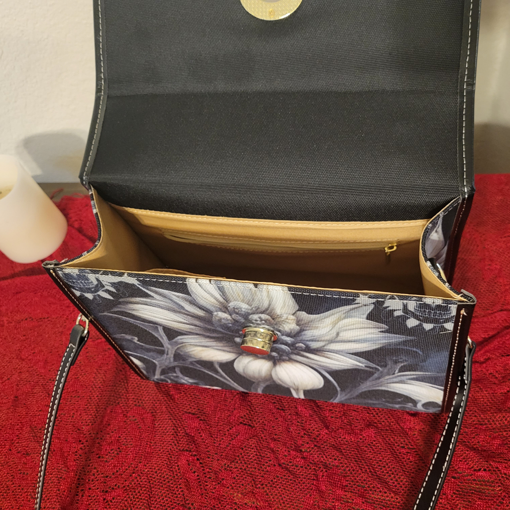 Gothic Botanical Dahlia Handbag | Dark Floral Skull Waterproof Canvas Crossbody Purse