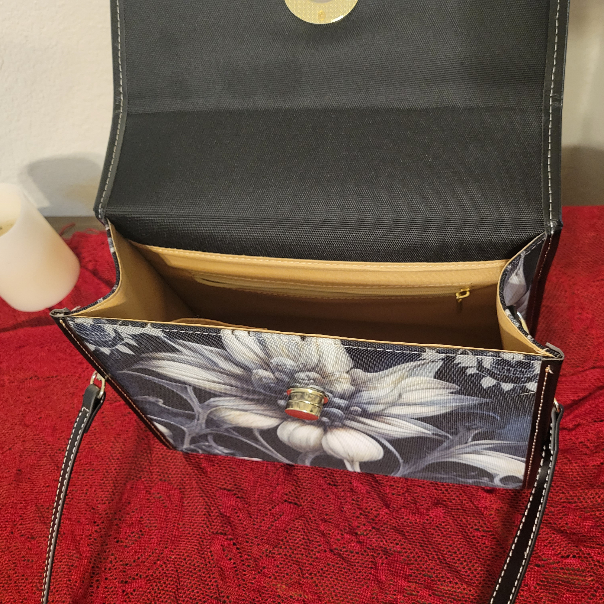 Gothic Botanical Dahlia Handbag | Dark Floral Skull Waterproof Canvas Crossbody Purse
