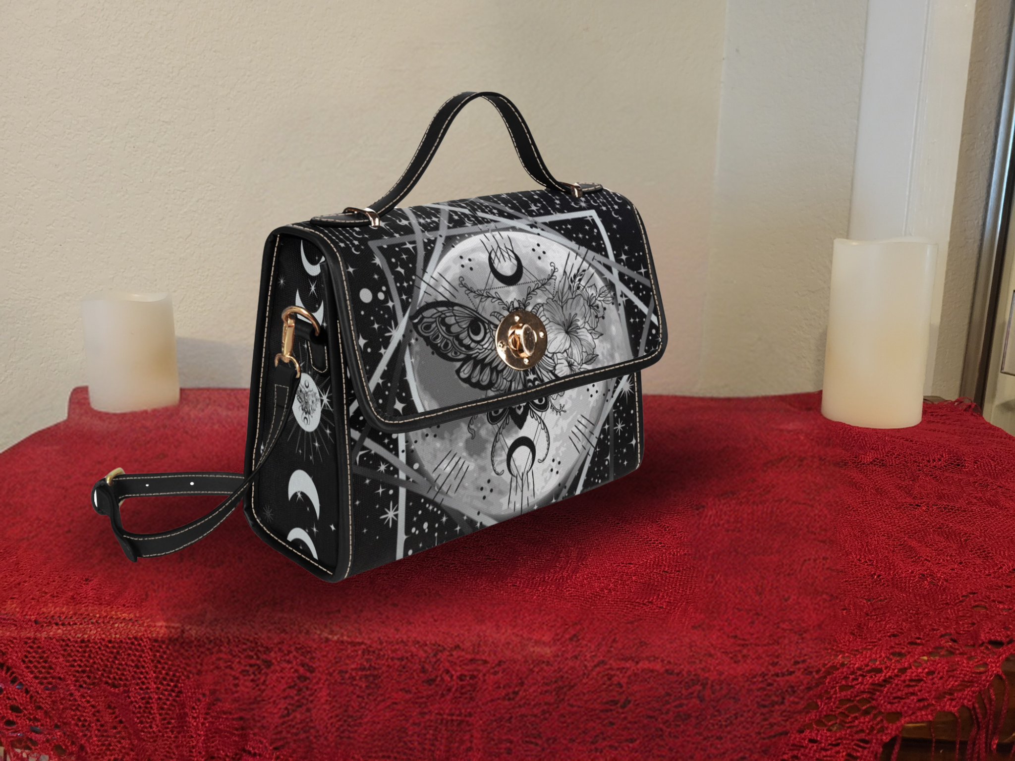 Gothic Death's Head Moth Handbag | Celestial Moon Waterproof Canvas Crossbody Purse
