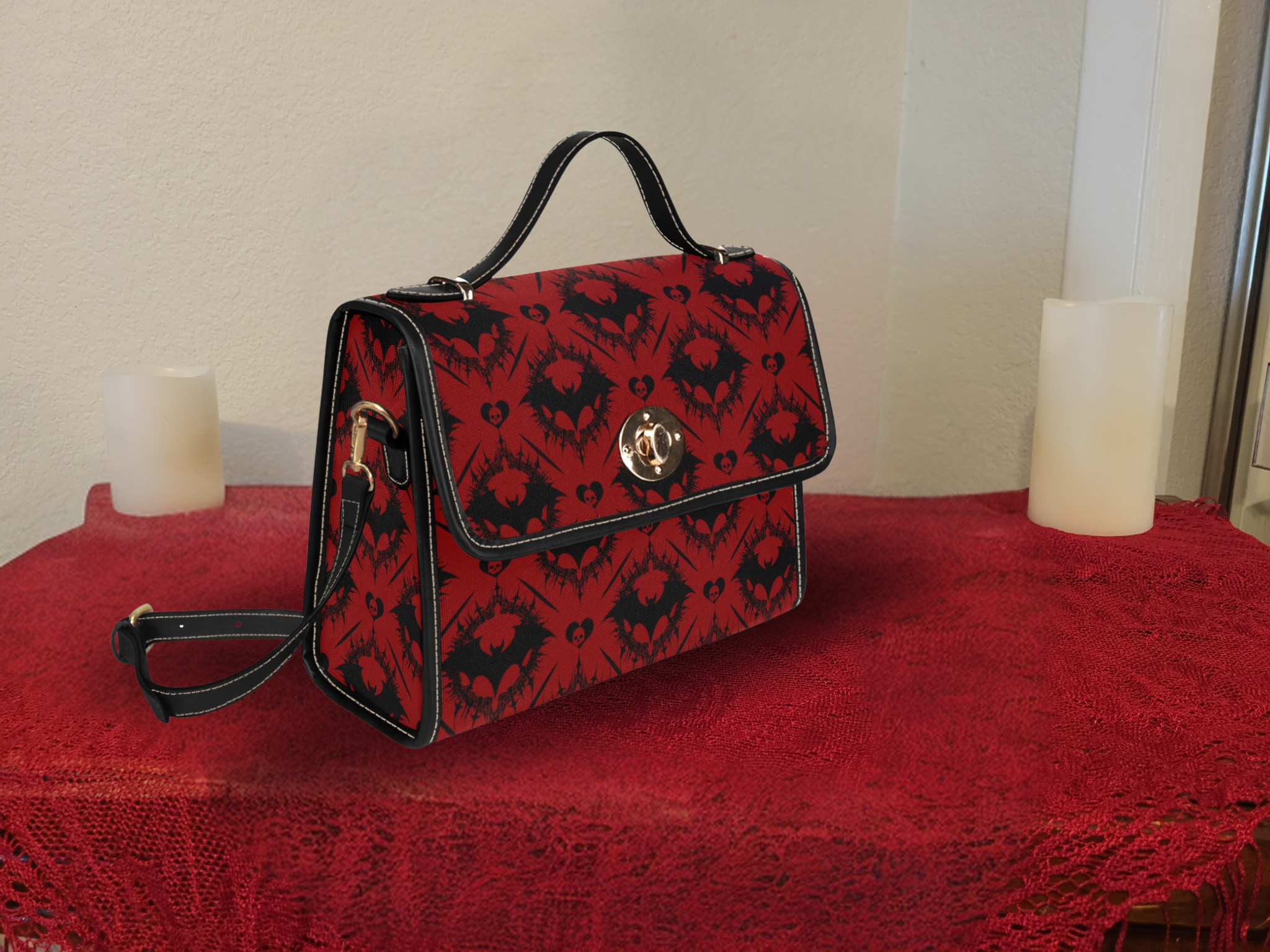 Scarlet Gothic Bat Handbag | Red & Black Damask Waterproof Canvas Crossbody Purse