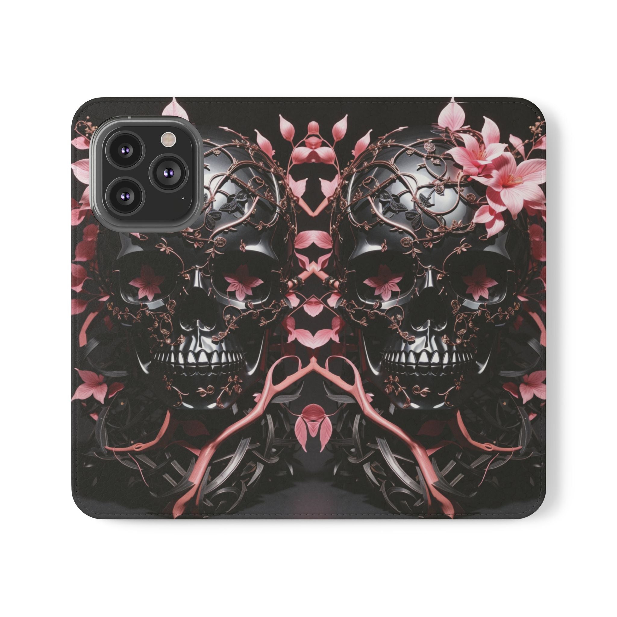 Pink Pastel Goth Skull Flip Wallet Phone Case - Skull Wallet Case for Samsung iPhone - Gothic Style Skull Wallet Phone Cases