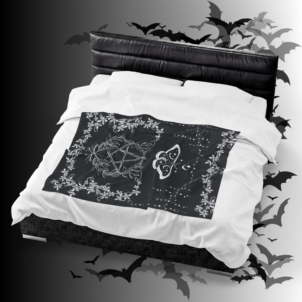Witchy Luna Moth Pentagram Throw Blanket — Gothic Botanical Home Decor