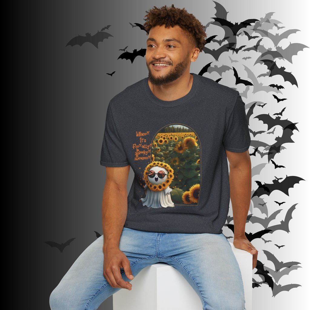 "When It's Finally Spooky Season" Ghost Sunflower T-Shirt — Halloween Tee