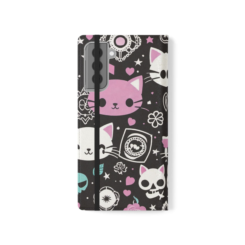 Pastel Goth Cat Flip Wallet Phone Case - Goth Cat Wallet Case for Samsung iPhone - Gothic Style Cats Wallet Phone Cases