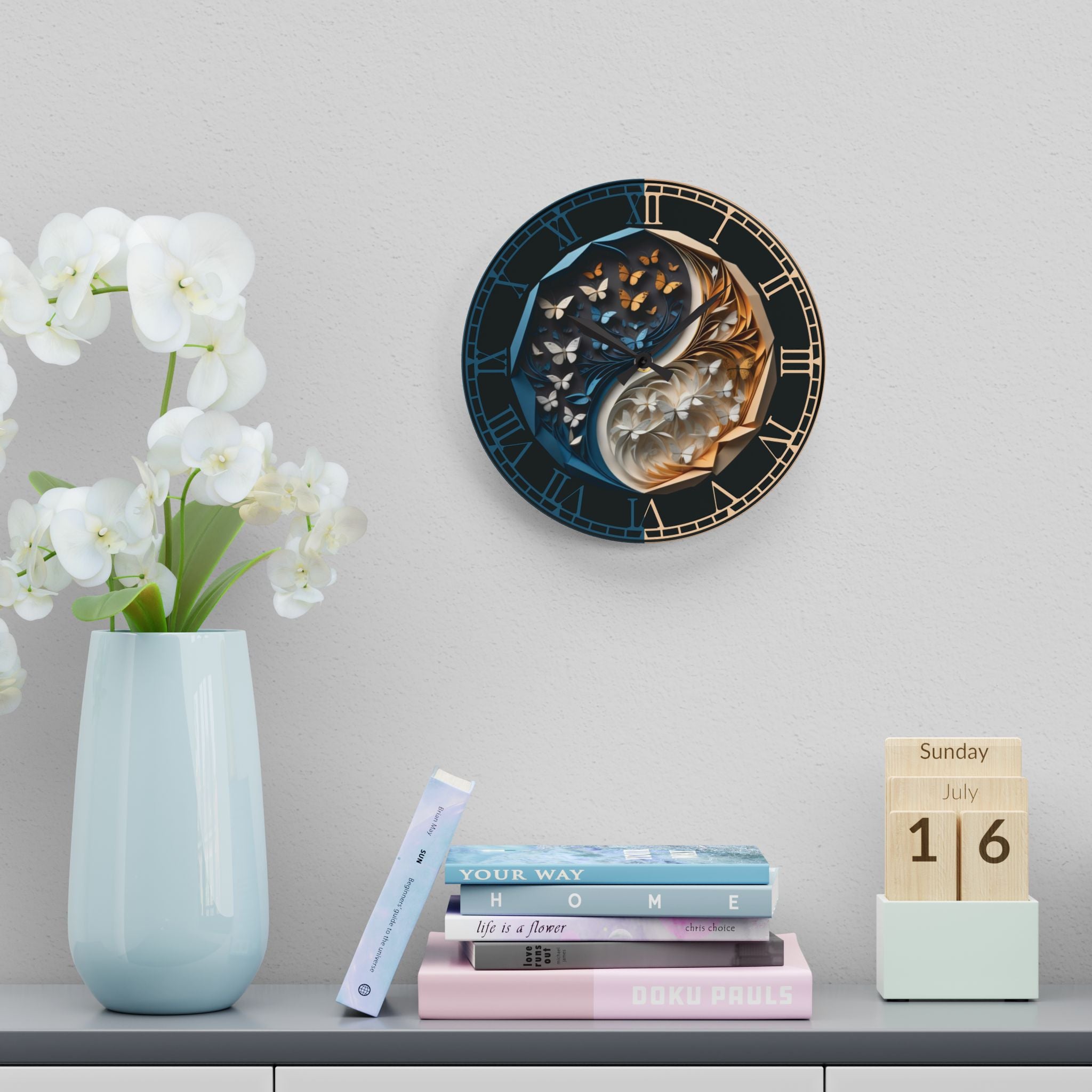 Origami Style Yin Yang Butterfly Acrylic Art Print Wall Clock Blue Gold — NOT Real Origami, Zen Home Decor
