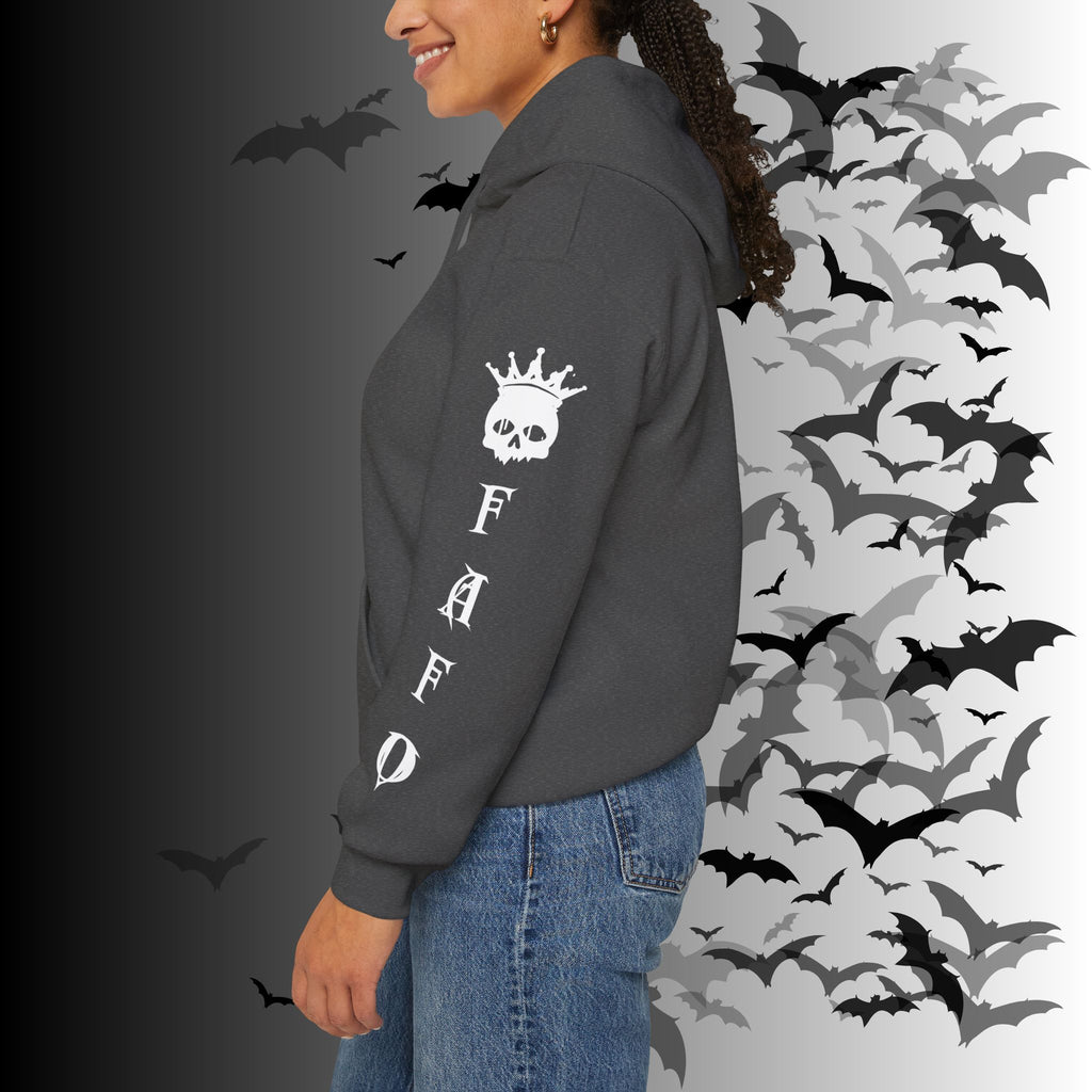 I Identify As a Threat Hoodie — Gothic Skull Sleeve Print FAFO Black