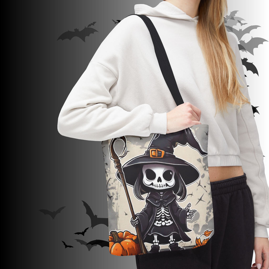 Skeleton Witch Halloween Tote Bag — Spooky Chibi Witch Print