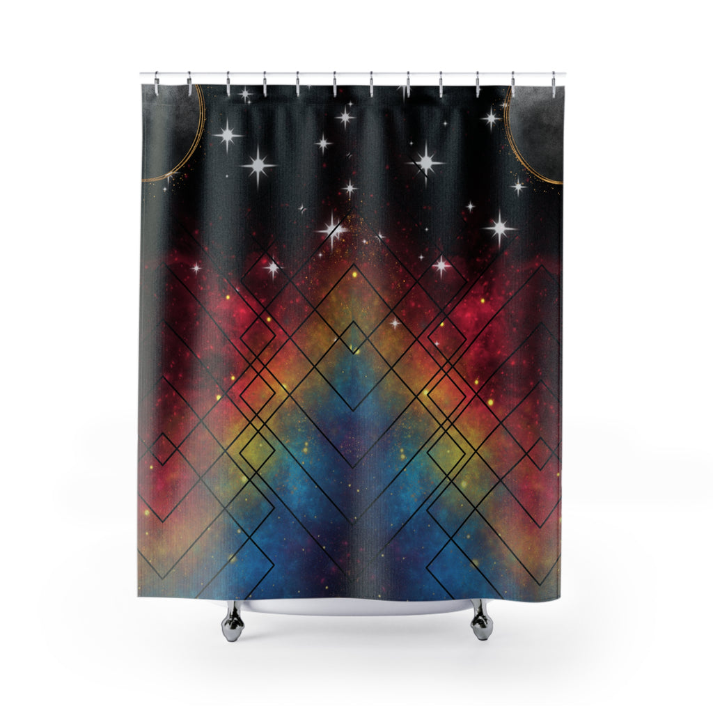 Rainbow Galaxy Geometric Shower Curtain — Colorful Space Bathroom Decor
