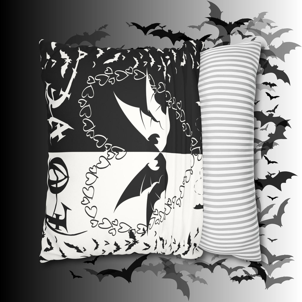 Gothic Bats Heart Throw Pillow — Black White Halloween Dark Home Decor