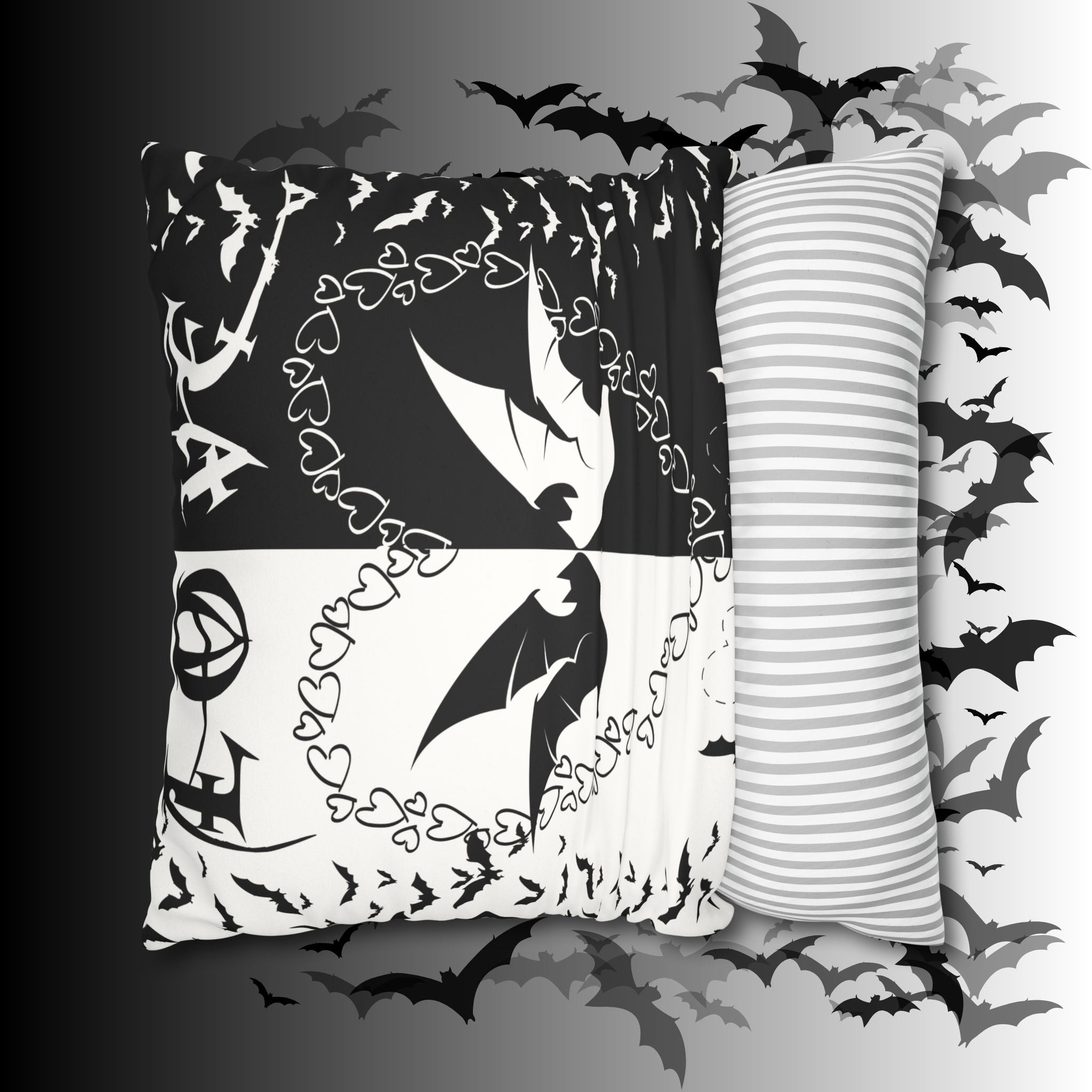 Gothic Bats Heart Throw Pillow — Black White Halloween Dark Home Decor