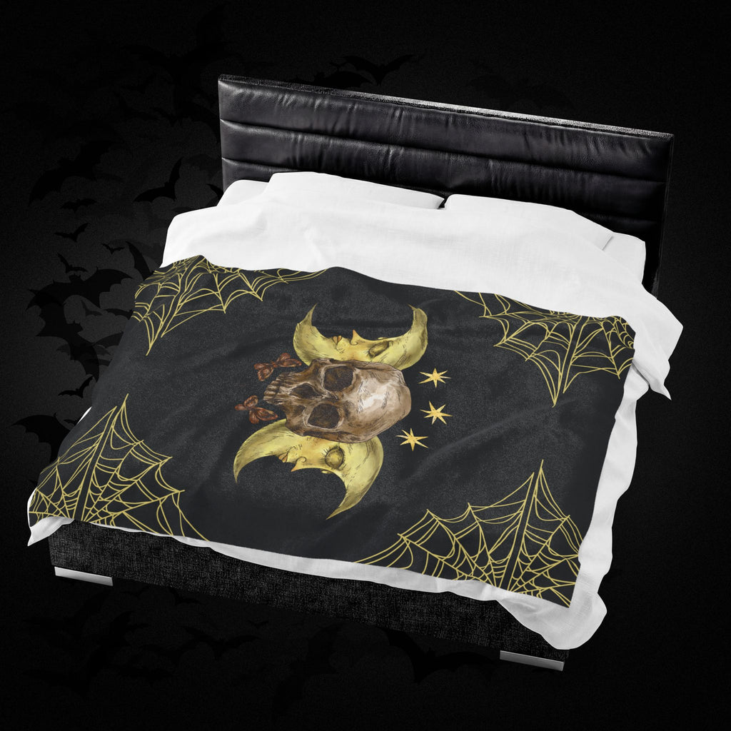 Gothic Gold Moon Skull Throw Blanket — Moonlit Halloween Home Decor