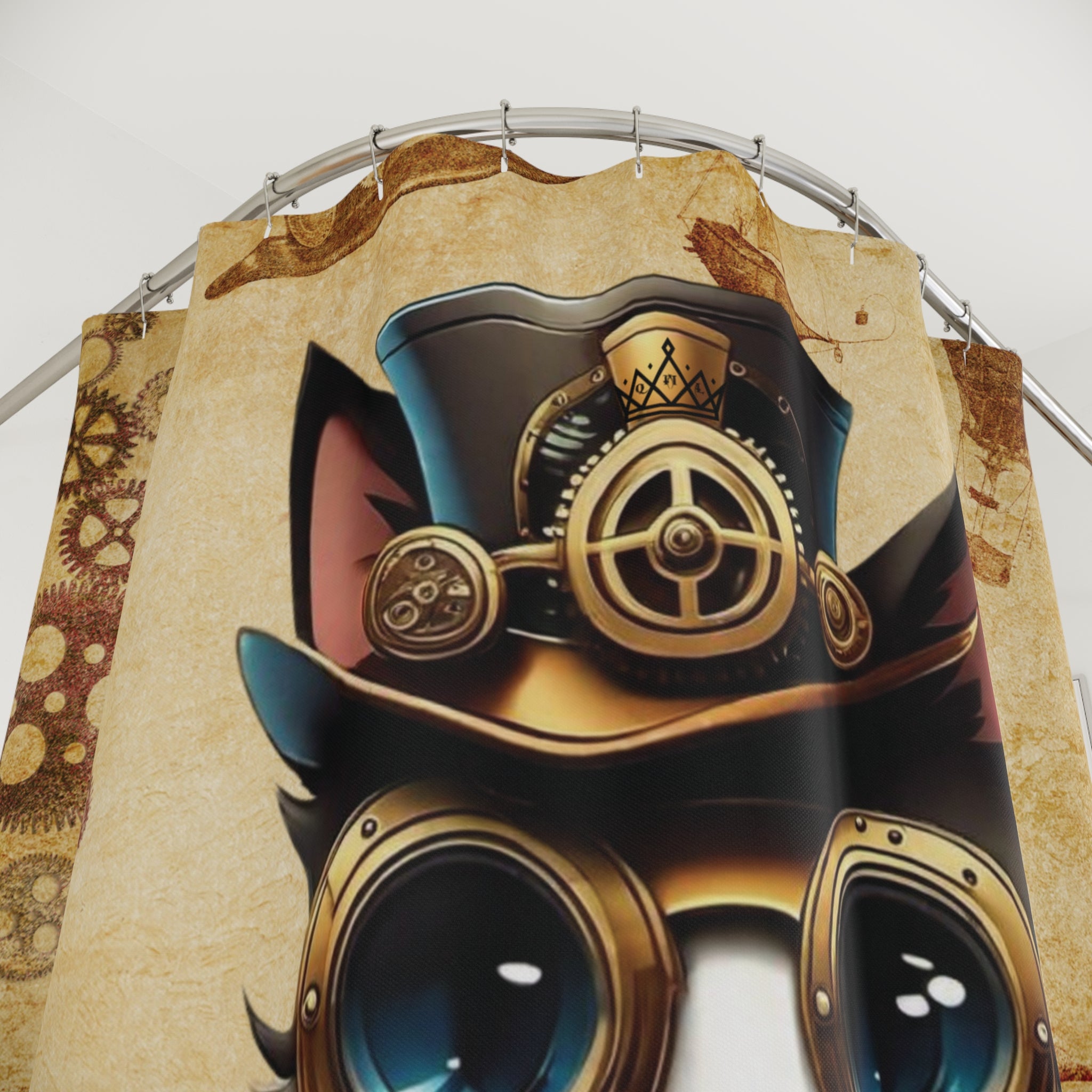 Steampunk Cat Shower Curtain — Vintage Industrial Bathroom Decor