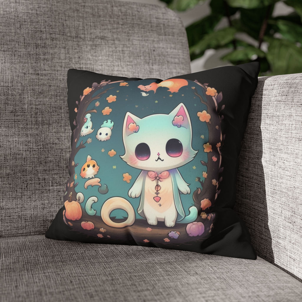 Creepy Cute Pastel Goth Cat Throw Pillow — Kawaii Halloween Dark Home Decor