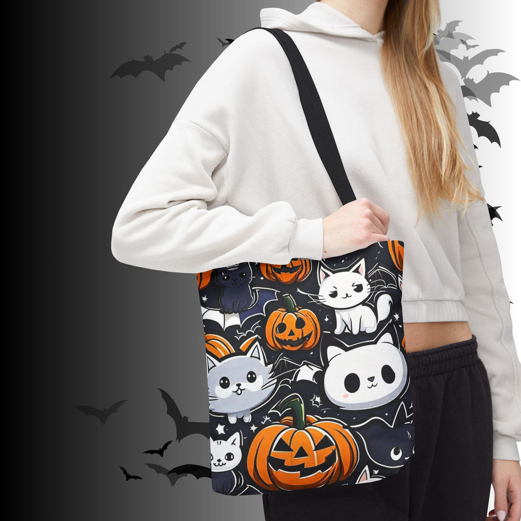 Kawaii Halloween Cat & Pumpkin Tote Bag — Spooky Multi-Cat Pattern